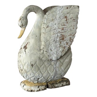 Large Antique Folk Art Carved Wood Swan - Original White Patina For Sale