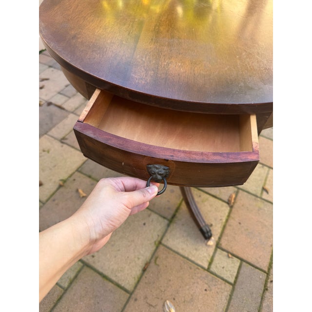 1950s Vintage 1955 Mahogany Drum Table With Lion's Head Hardware — Lyon Mfg. Co., Memphis For Sale - Image 5 of 8