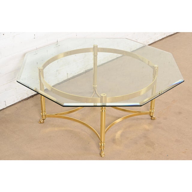 Mid-Century Modern Labarge Hollywood Regency Brass and Glass Hooved Feet Cocktail Table, Circa 1960s For Sale - Image 3 of 10