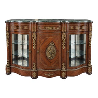 Early 20th Century French Louis XVI Revival Bronze-Mounted Marquetry & Marble-Top Display Credenza For Sale