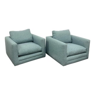 Pair Teal Milo Baughman Style Mid Century Modern Lounge Chairs, Swivel, Square For Sale