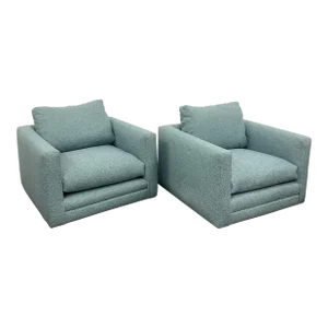 Pair Teal Milo Baughman Style Mid Century Modern Lounge Chairs, Swivel, Square