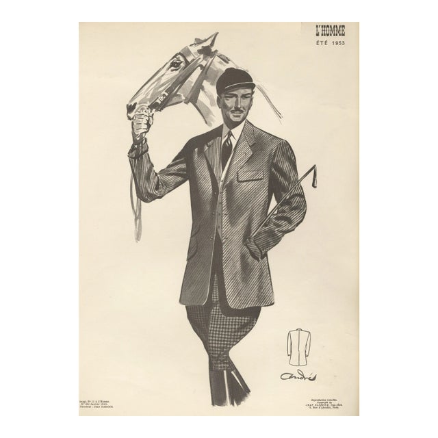 1953 French Men's Tailoring Lithograph-Fashion for Horse Lover For Sale