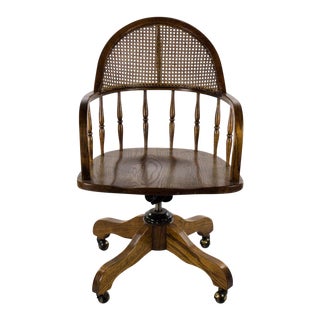 Late 19th Century Antique English Oak and Cane Swivel Office Chair For Sale