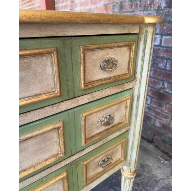 French "The Grace" Vintage Swedish Gustavian Louis XVI Style Chest of Drawers - Three Drawer Piece in Soft Green and Cream - Newly Painted For Sale - Image 3 of 15