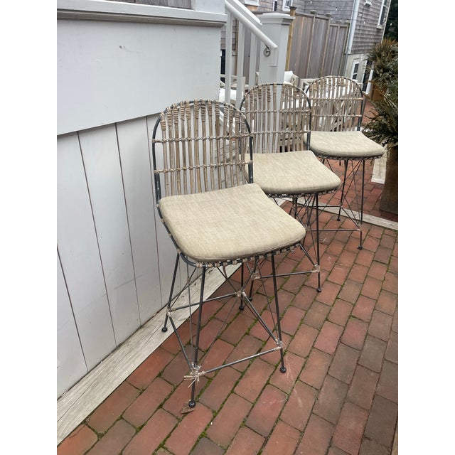 Metal Late 20th Century Set of 3 Sculptural Woven Iron Bar Stools With Hand-Wrapped Seats For Sale - Image 7 of 8