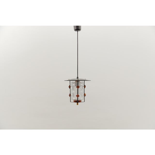 Scandinavian mid-century modern ceiling lamp in copper, teak and glass, 1950s by shortening the cable, the lowest height...