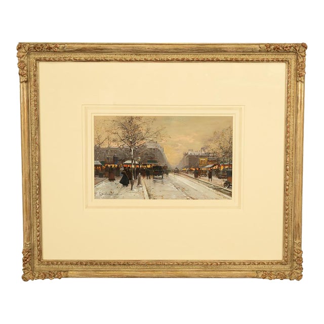 French Impressionist Painting Winter Landscape Scene "Foire De Montmartre" Paris by Eugene Galien-Laloue, 1900 For Sale