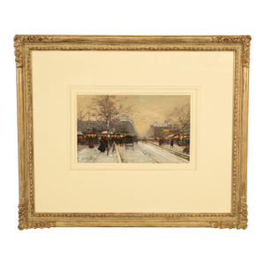 French Impressionist Painting Winter Landscape Scene "Foire De Montmartre" Paris by Eugene Galien-Laloue, 1900