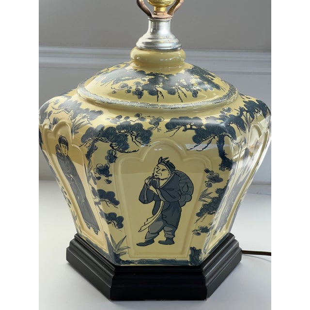 Mid-Century Modern Vintage 1940s Chinese Figures Blue & Lemon Lamp For Sale - Image 3 of 12