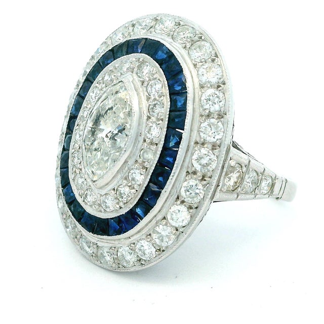 Art Deco Art Deco Platinum Diamond and Calibré Sapphire Navette Ring, Circa 1920, Size 6 For Sale - Image 3 of 12