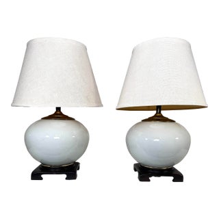 Vintage Transitional White Crackled Glaze Glass & Brass Table Lamps, a Pair For Sale