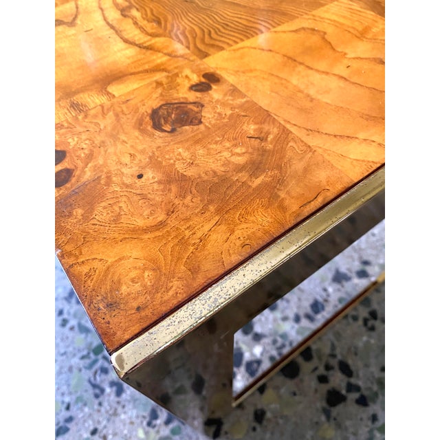 1970s Mid-Century Modern Brass & Burlwood Side Table Set of 2 - Patchwork Burlwood Top With Flat Edge Brass Base For Sale - Image 9 of 9