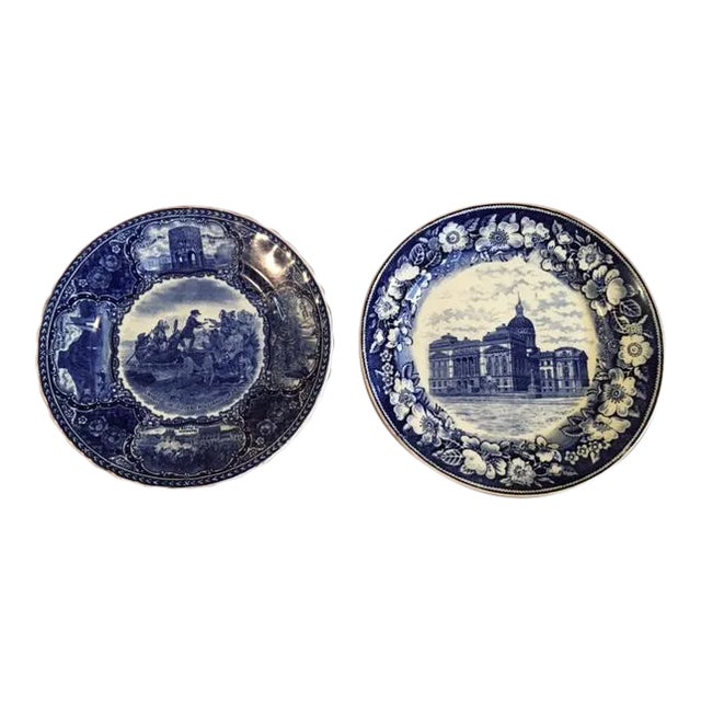 Antique Late 19th Century Flow Blue Souvenir Plates Indianapolis & Rhode Island - Set of 2 For Sale