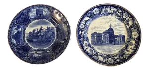 Antique Late 19th Century Flow Blue Souvenir Plates Indianapolis & Rhode Island - Set of 2