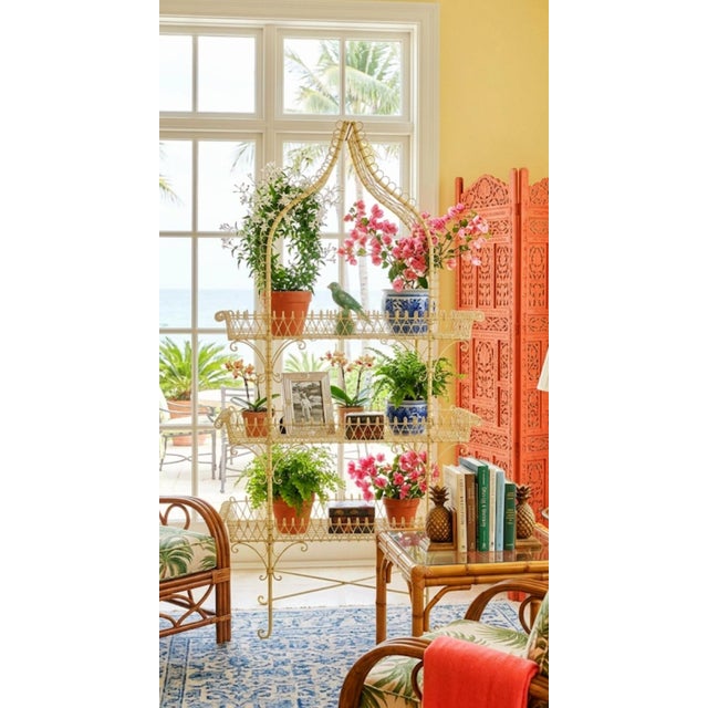 Vintage French Country Yellow Palm Beach Regency Pagoda Wire Bakers Rack Plant Stand For Sale - Image 9 of 13