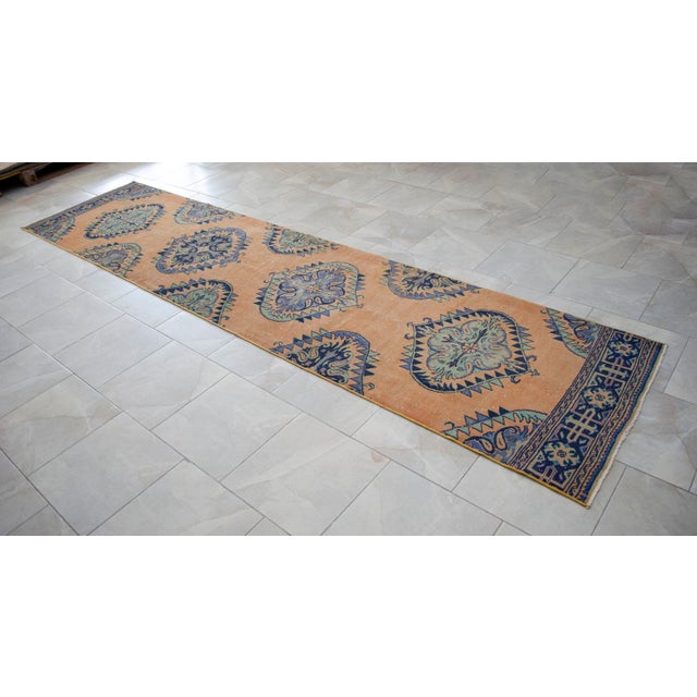 Traditional Ottoman Design Distressed Oushak Runner Rug Faded Colors Low Pile - 2'1″ X 12'9″ For Sale - Image 6 of 12