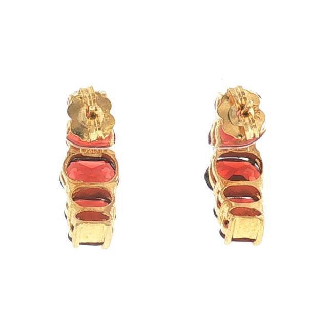 Modern 21st-Century 14k Yellow Gold Oval Garnet Half Hoop Earrings, Pair For Sale - Image 3 of 4