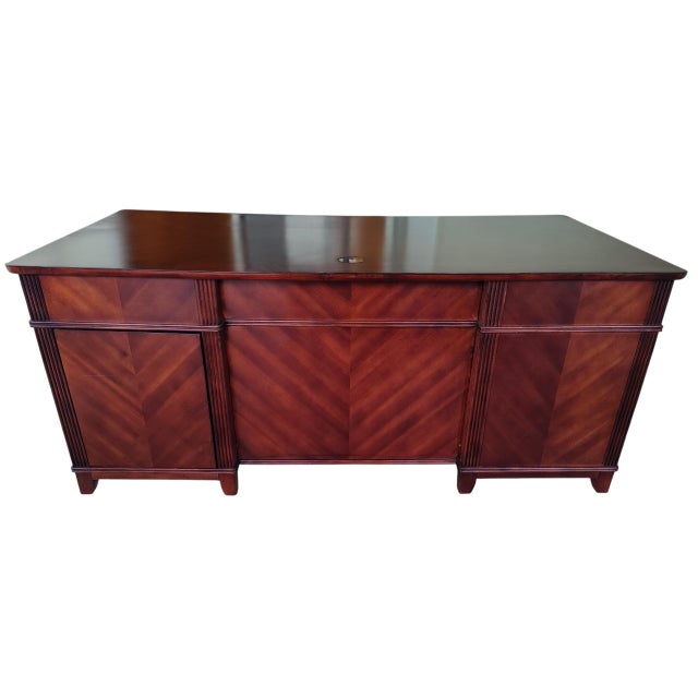 Restored French Art Deco Executive Desk | 72" Sunburst Veneer Pedestal Desk For Sale - Image 4 of 16