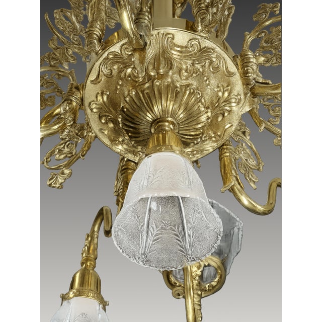 Vintage Brass 2-Up 2-Down Chandelier, Etched Glass Shades, Victorian Revival Lighting Fixture For Sale - Image 15 of 18
