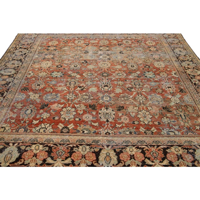 1900 - 1909 Antique Persian Mahal Rusted Handmade Allover Floral Motif Wool Rug For Sale - Image 5 of 10