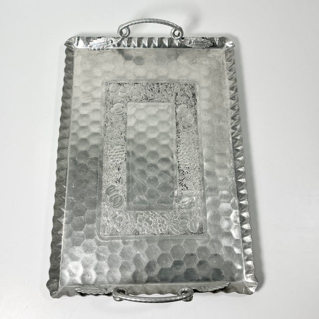 1950s Vintage Boho Chic Arts & Crafts Hand Wrought Etched Aluminum Serving Tray For Sale - Image 4 of 13