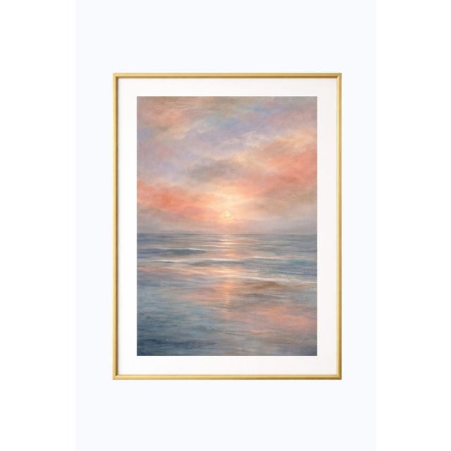 Abstract coastal sunset seascape wall art featuring a softly glowing horizon with gentle ocean movement, luminous sky...