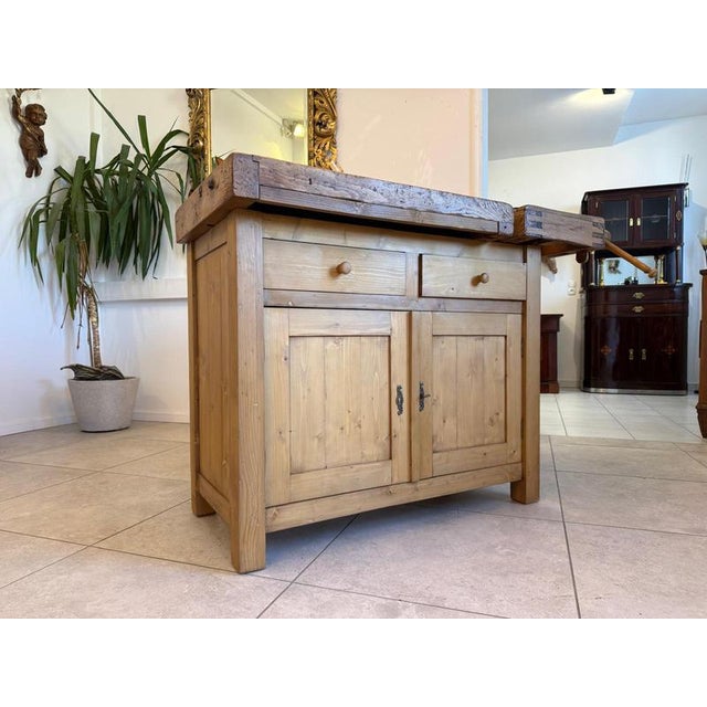 Oak and spruce wooden bench. Dimensions: Height approx. 95 cm × Width approx. 138 cm × Total depth approx. 60 cm. Unique...