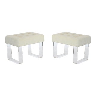 Cream Chenille Benches With Lucite Legs For Sale