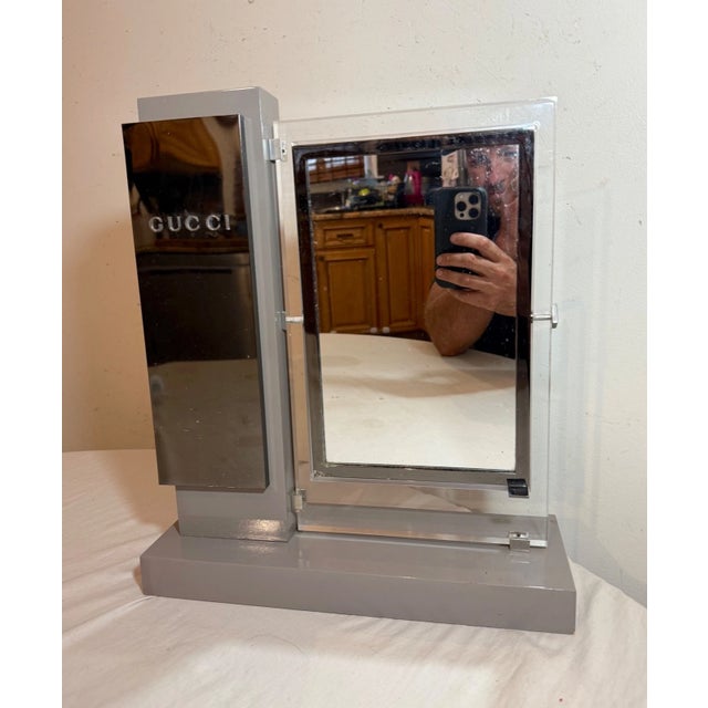 Rare Vintage Original Gucci Wood Lucite Metal Countertop Makeup Mirror Display For Sale - Image 4 of 14