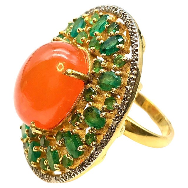 Bochic "Orient" Vintage Orange Opal, Emerald & Diamond Ring Set In 18K & Silver For Sale - Image 15 of 18