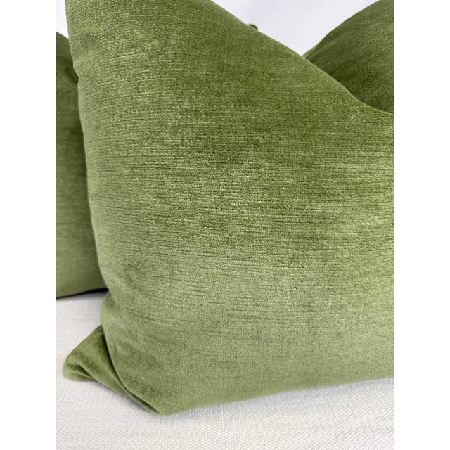 Custom pair of 22" pillows covered in Brunschwig & Fils "Cluny Linen Velvet" in color leaf. These pillows have tapered...