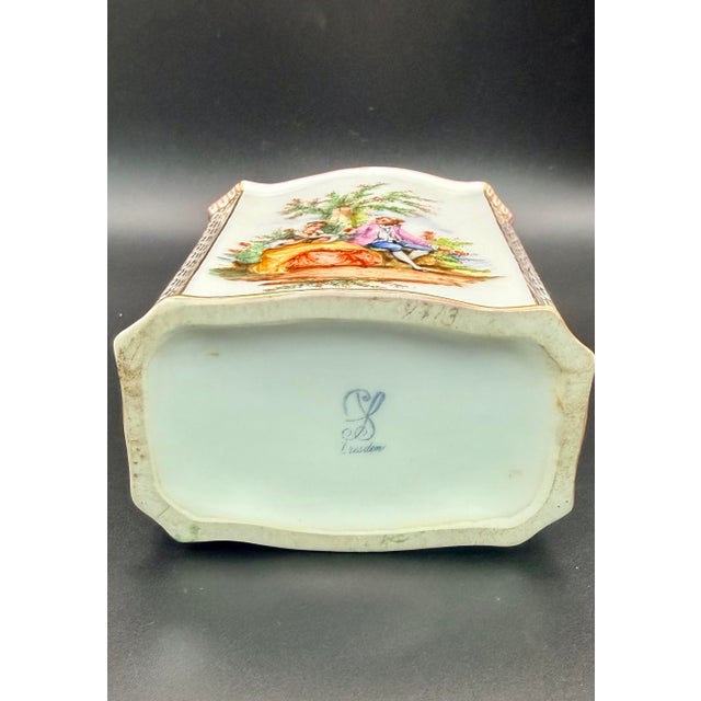 Late 19th Century Antique Dresden Porcelain Tea Caddy | Hand Painted Romantic Scene Gold Gilt Germany For Sale - Image 5 of 5