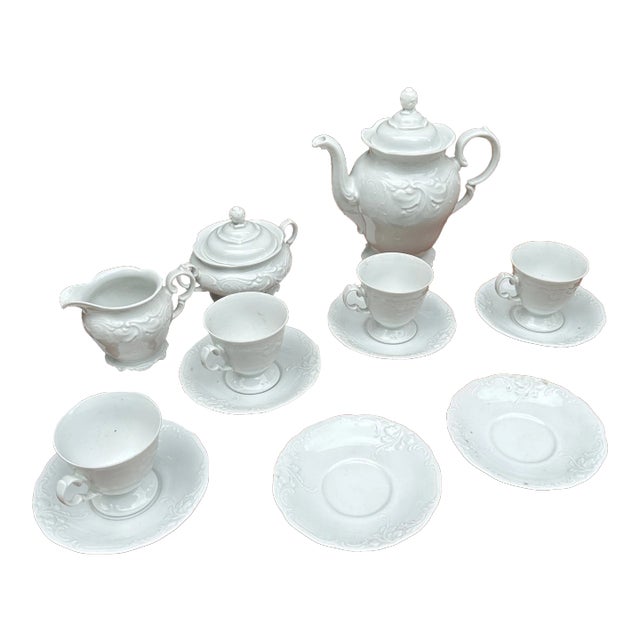 1970s White Ceramic Detailed Tea Set- 15 Pieces For Sale