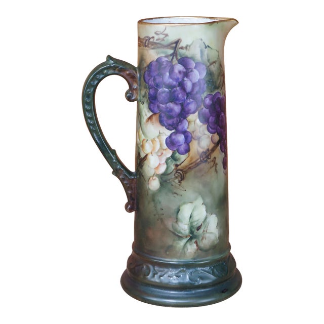 Early 20th Century Antique Delinieres & Co. French Limoges Hand Painted Wine Pitcher Tankard Grapes For Sale