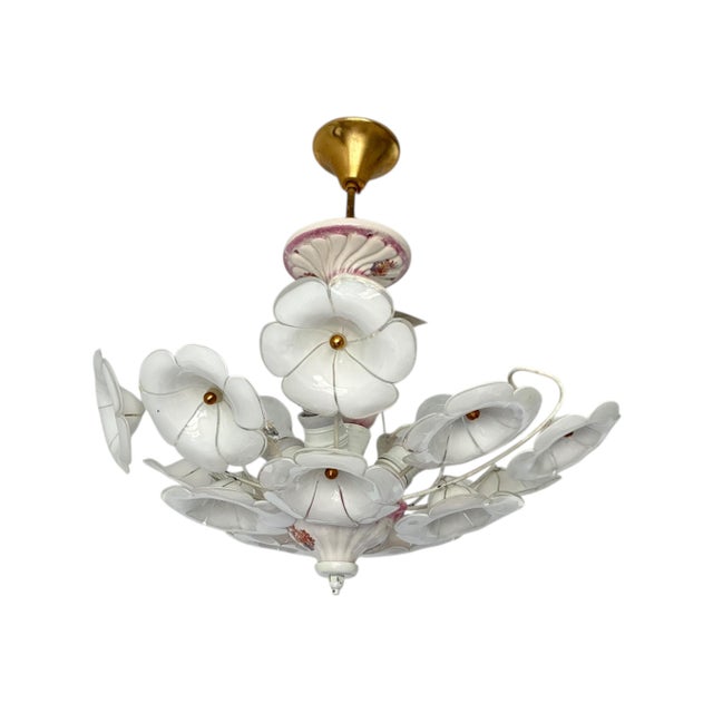 1980s Vintage White Murano Style Floral Chandelier | Italian Art Deco Ceiling Light | 1980s Glass Flower Lighting For Sale - Image 5 of 17