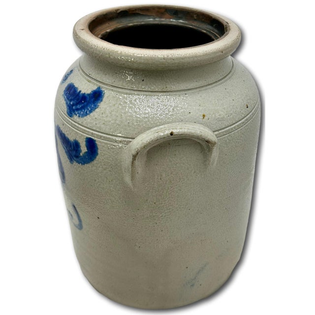 Ourtstanding Antique Large 3 Gallon Size American Blue Hand Decorated Stoneware Butter Churn - Circa 1870s For Sale - Image 15 of 18