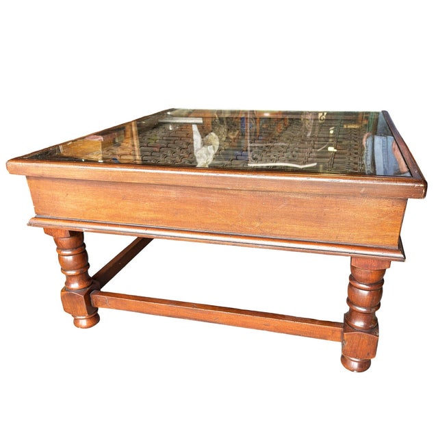 Vintage Indian inspired modern rustic glass and metal side end table with wrought iron inserts , surface glass has minor...