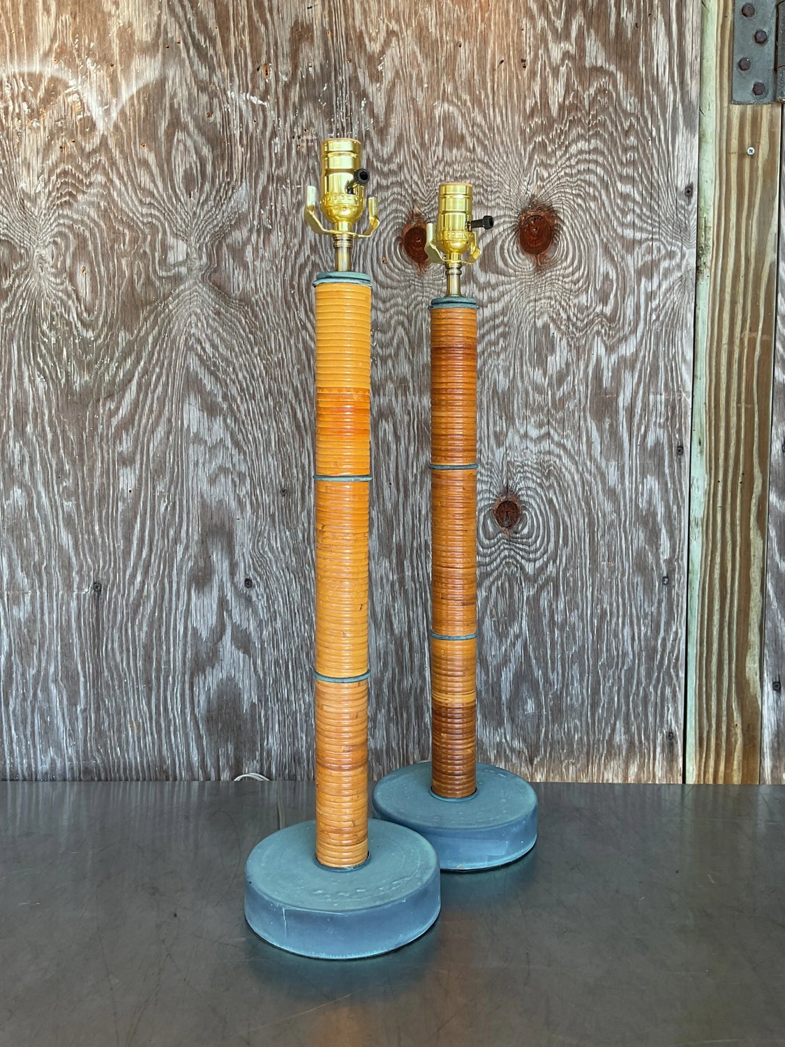 Vintage Coastal Wrapped Pencil Reed Column Lamps - a Pair - Side view