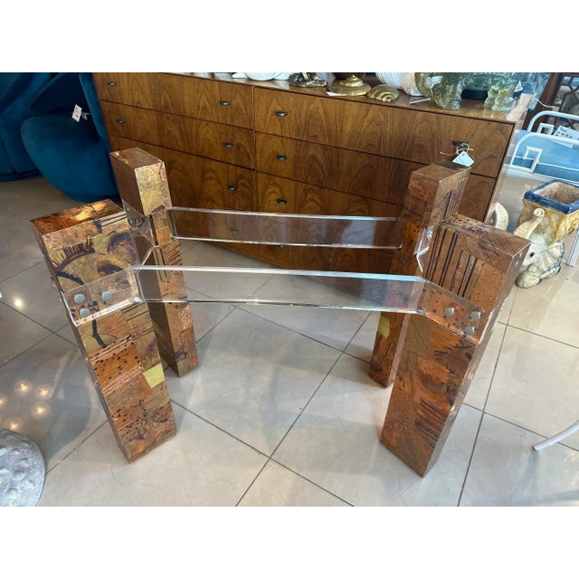 Mid Century Patchwork Metal Brass Copper Lucite Brutalist Dining Table Base For Sale In West Palm - Image 6 of 9