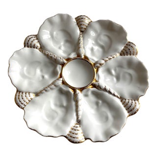 Antique Porcelain Oyster Plate – Gilt Shell Motif, 6 Wells, Scalloped Rim, C. 1880–1910 For Sale