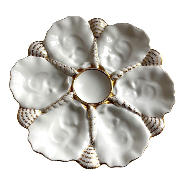 Antique Porcelain Oyster Plate – Gilt Shell Motif, 6 Wells, Scalloped Rim, C. 1880–1910 For Sale