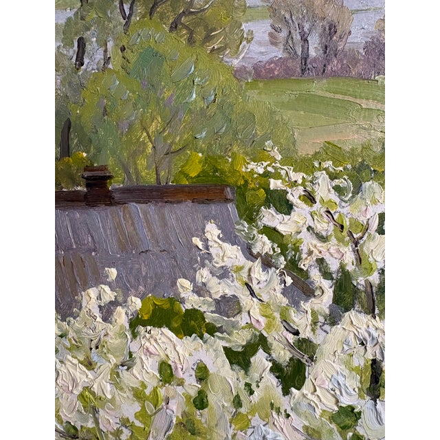 1970s Oil Painting - Flowering Fruit Trees by a River For Sale - Image 5 of 10