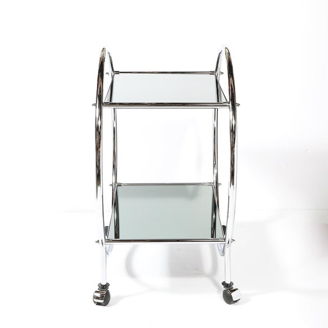Chrome Art Deco Style Round Form Tubular Two-Tier Bar Cart in Chrome and Smoked Mirror For Sale - Image 8 of 13