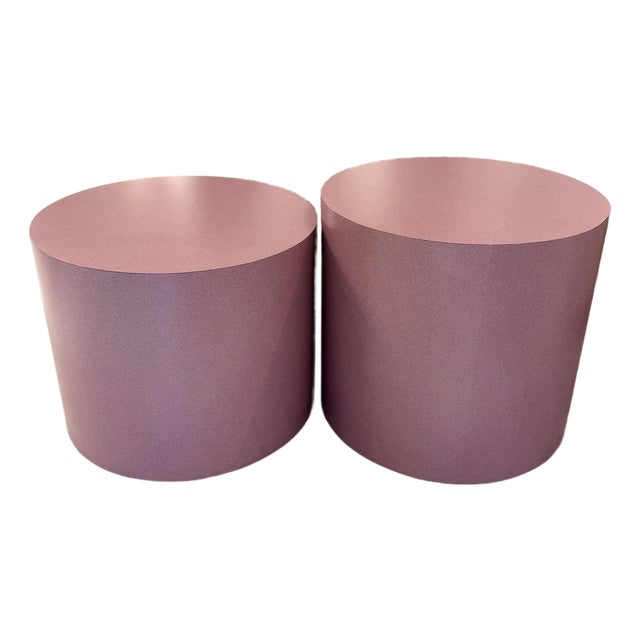 Pair of Vintage 1980’s Rolling Mauve Laminate Drum Side Tables For Sale