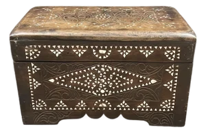 Islamic Art Carved Wood Trunk With Mother of Pearl Inlay, Late 20th Century