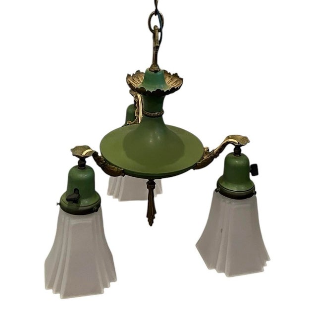 1920s Antique Art Deco Brass Pan 3 Light Chandelier Ceiling Light 1920s Green & Gold For Sale - Image 5 of 12