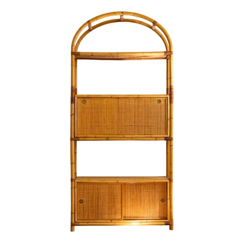 Rattan Bookcase with Drop-Down Desk, 1950s | Chairish