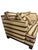 Unmarked Burton James cutomized sofa with brown and cream stripes, dark wood feet, and matching throw pillows.