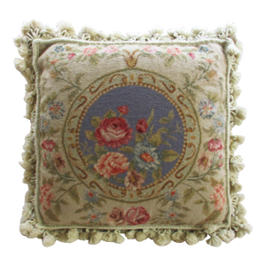 Vintage French Blue and Pink Floral Petit Point & Needlepoint Accent Pillow
